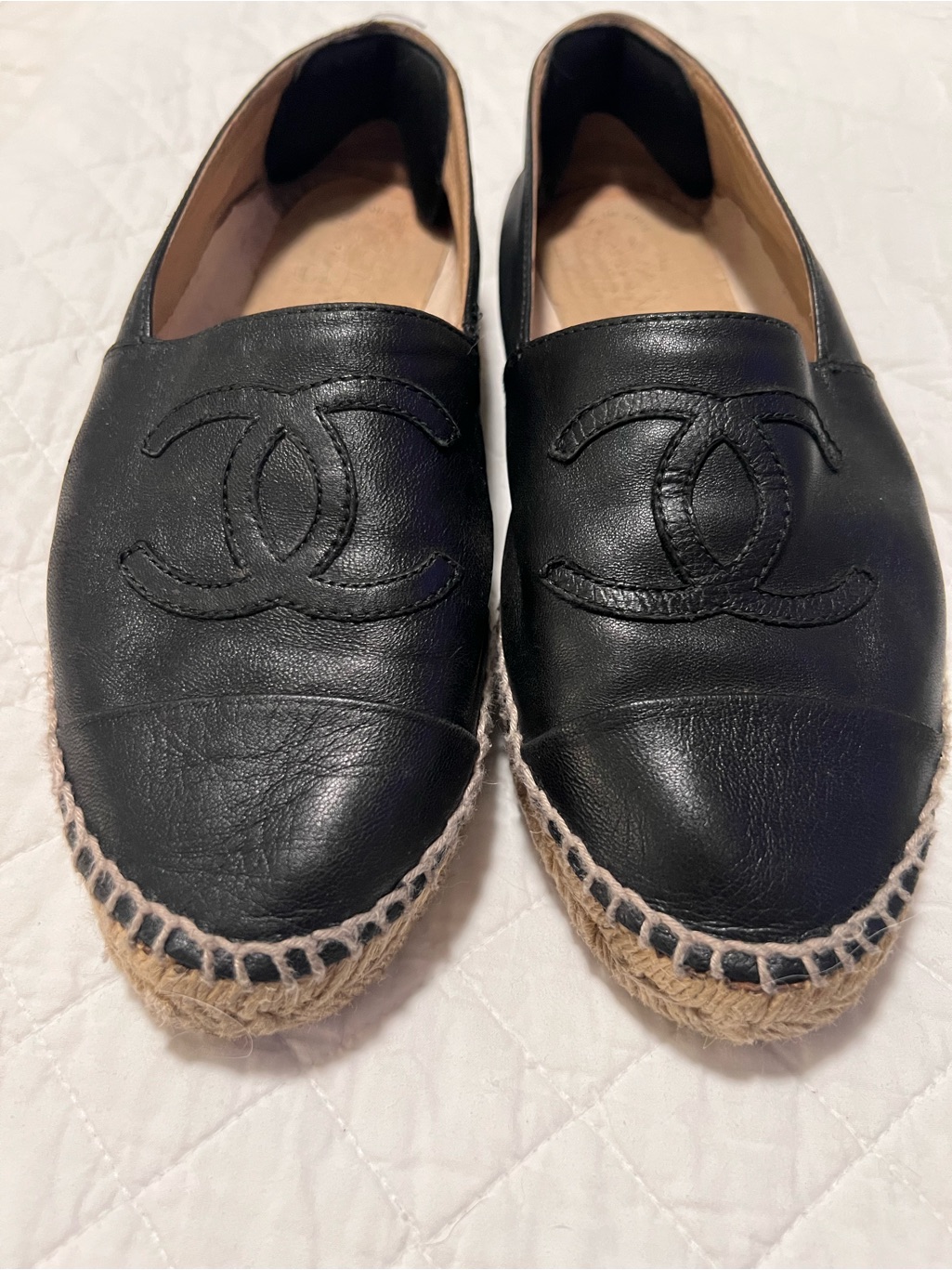 Chanel Black Leather Espadrille Flats With Cc Logo.